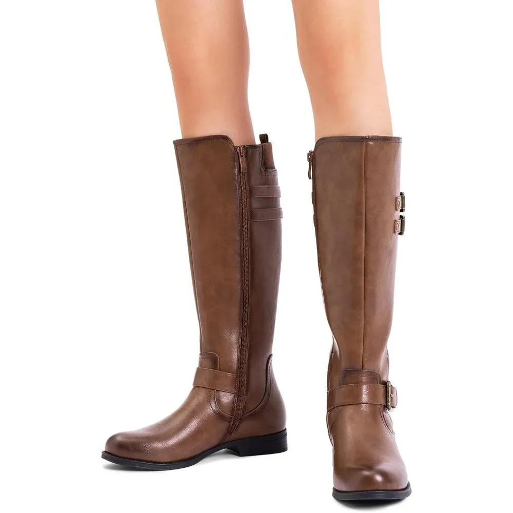 Women's Faux Leather Tan Knee High Buckle Chunky Heel Flat Riding Pirate Boots